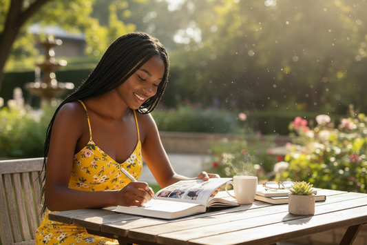 Black woman writing in photo journal outside