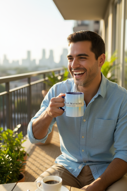Latino man holding accent mug on balcony