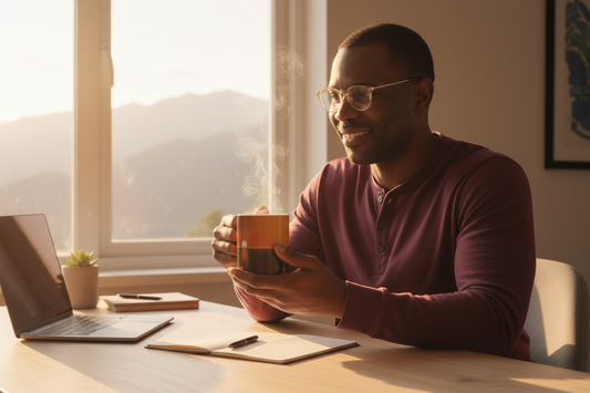 Black man holding color changing mug at desk