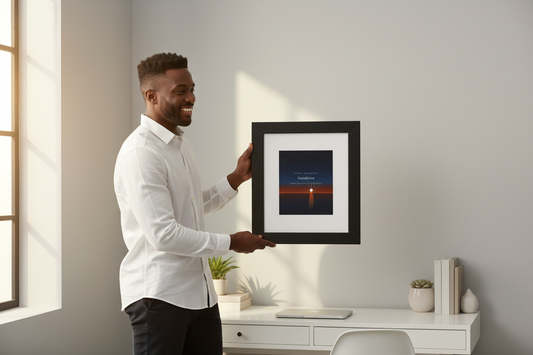 Black man holding framed poster against office wall