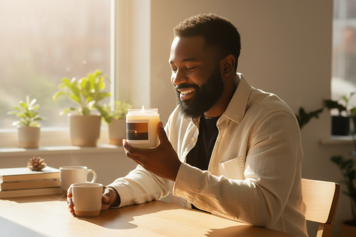 Black man smelling candle at desk