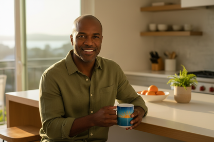 Black man with ceramic mug at kitchen island