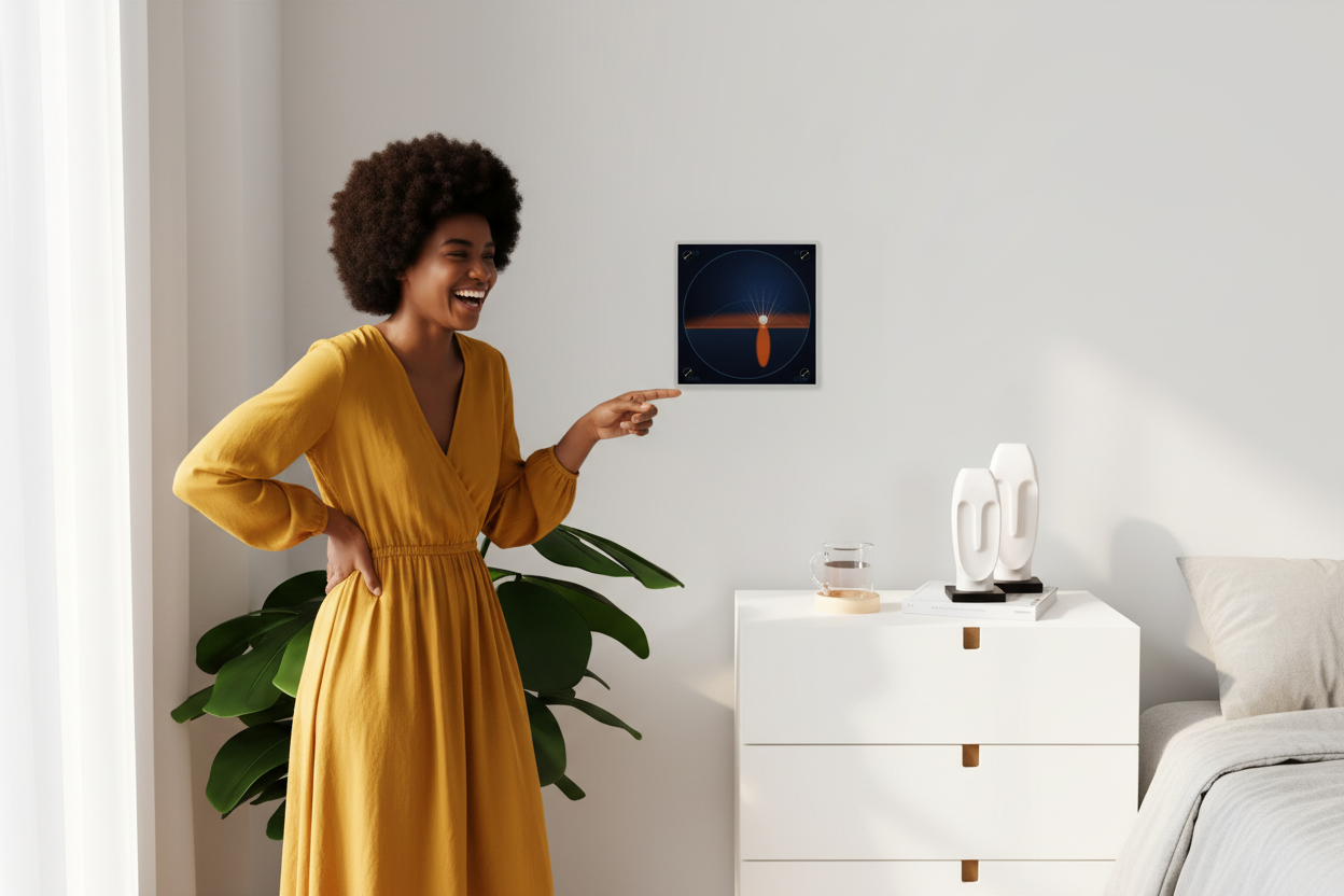 Black woman pointing at acrylic panel above dresser