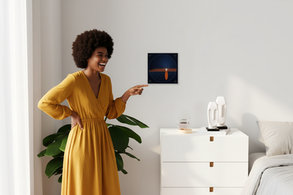 Black woman pointing at acrylic panel above dresser