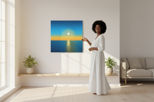 Black woman with canvas on living room wall