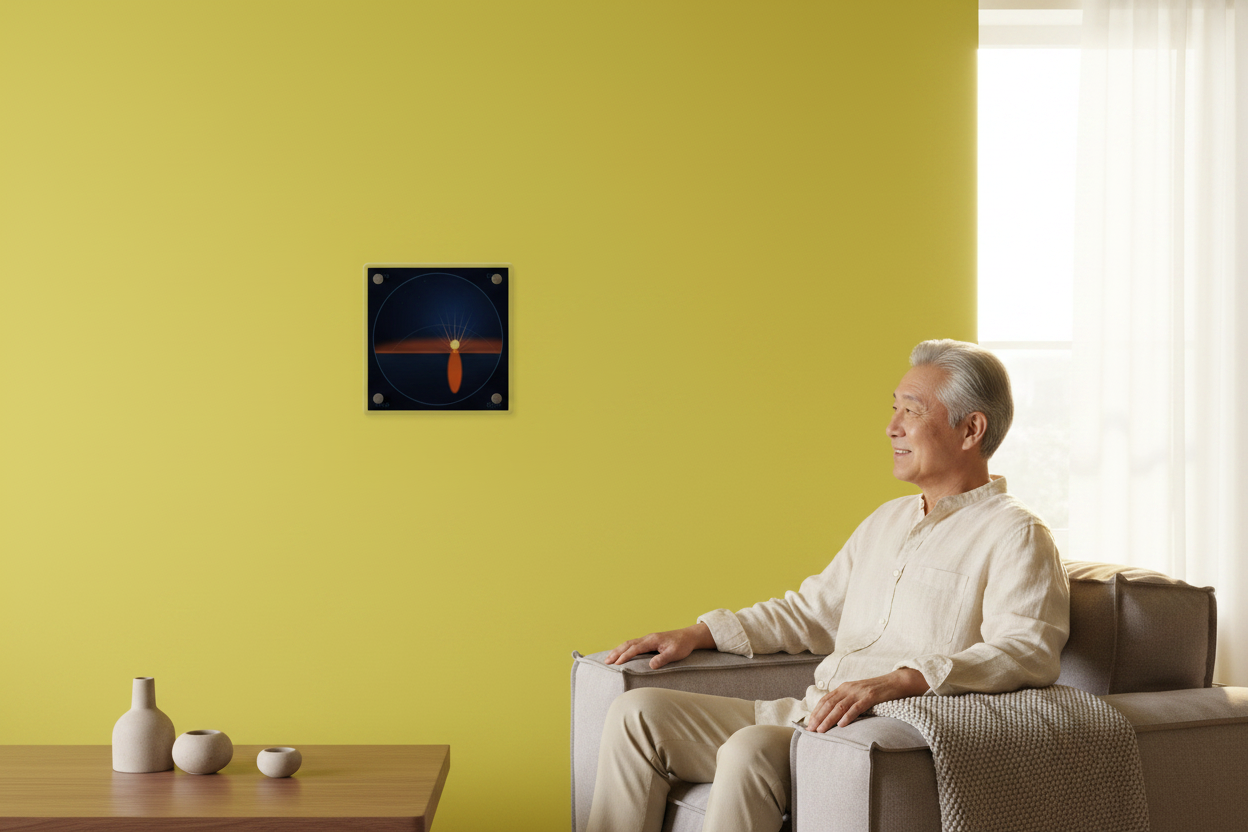 East Asian man admiring acrylic panel in living room