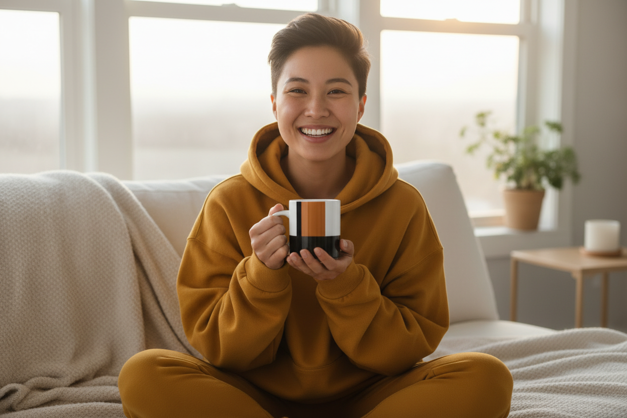 East Asian person with ceramic mug on couch