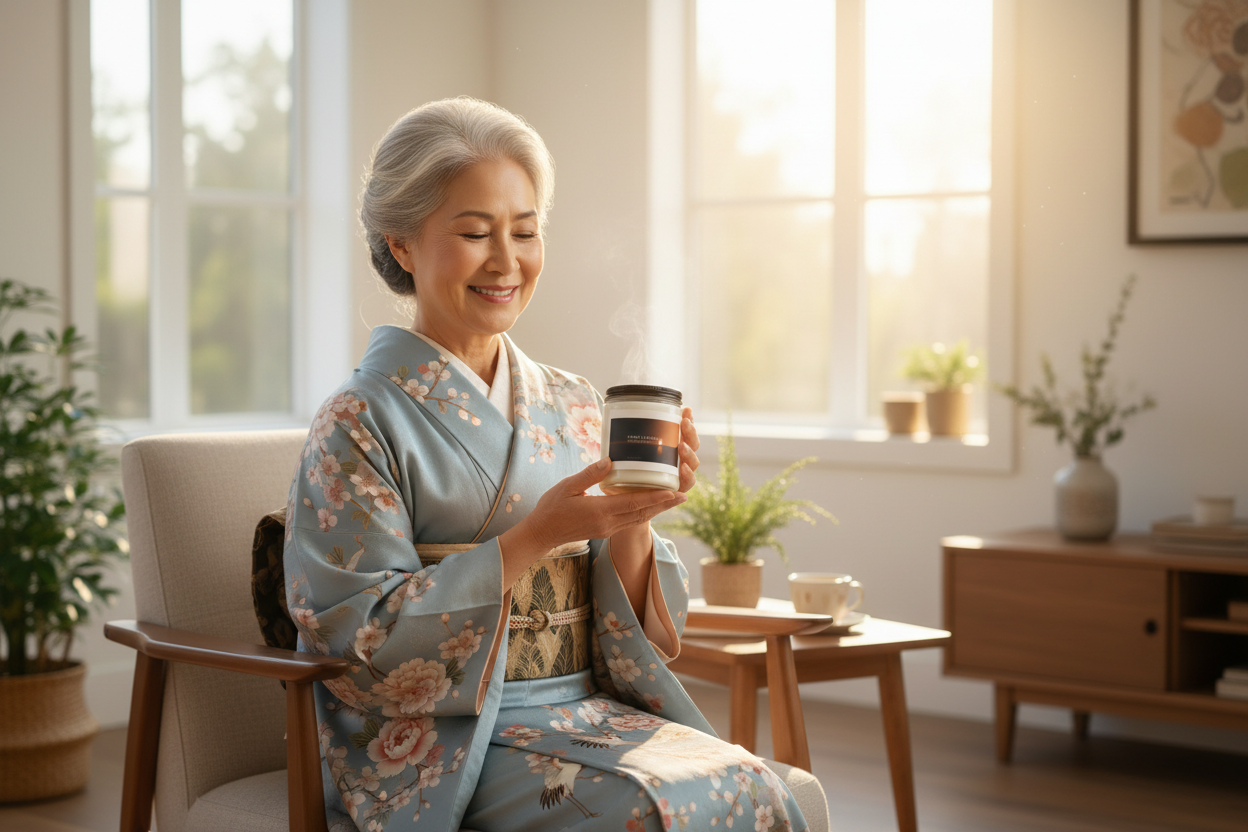 East Asian woman holding candle in living room