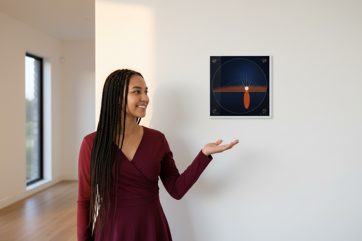 Indigenous woman with acrylic panel in entryway
