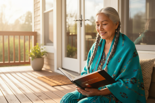 Indigenous woman with photo book on porch