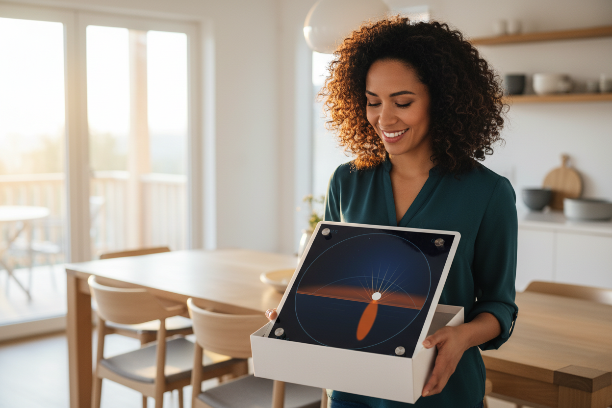 Latina woman unwrapping acrylic panel as gift
