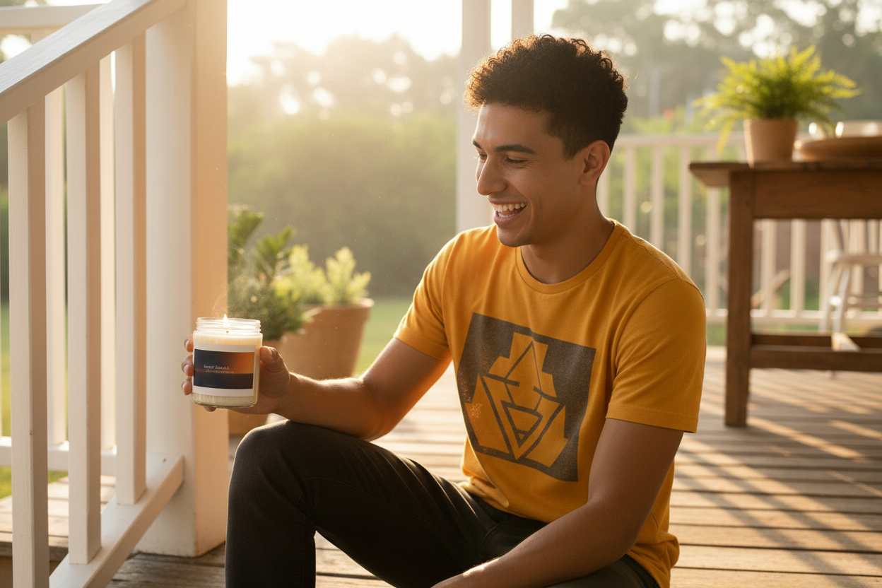 Latino man placing candle on porch railing