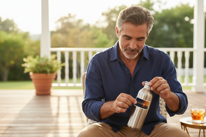 Middle Eastern man with sticker on water bottle