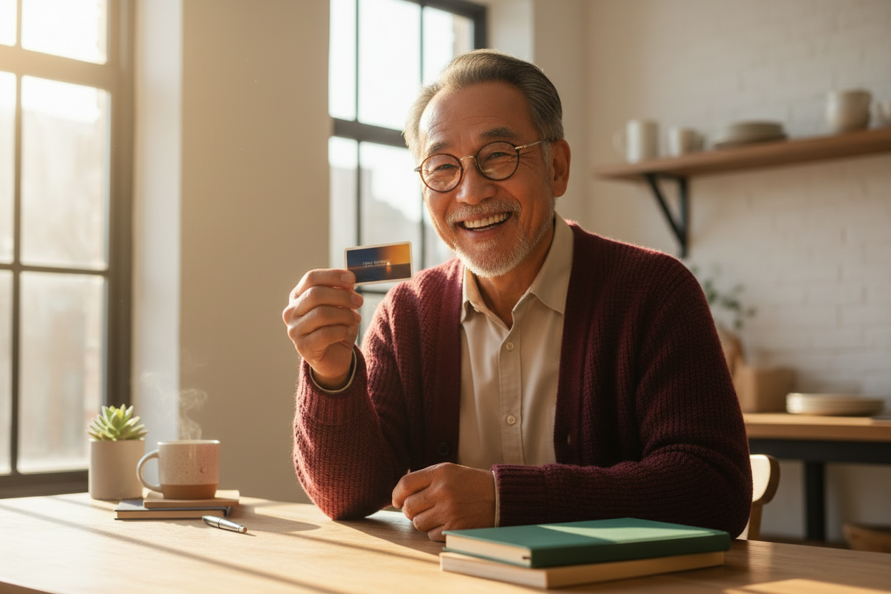 Older Asian man holding sticker