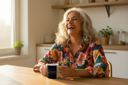 Older Latina woman with ceramic mug at table