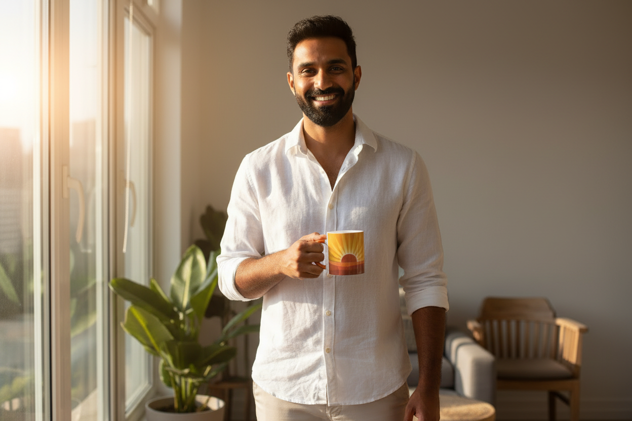 South Asian man with ceramic mug on porch
