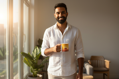 South Asian man with ceramic mug on porch