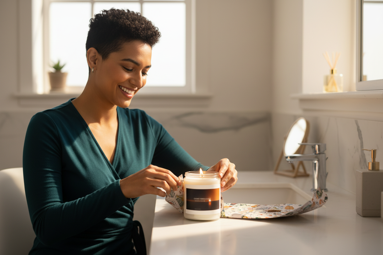 South Asian person unwrapping candle as gift