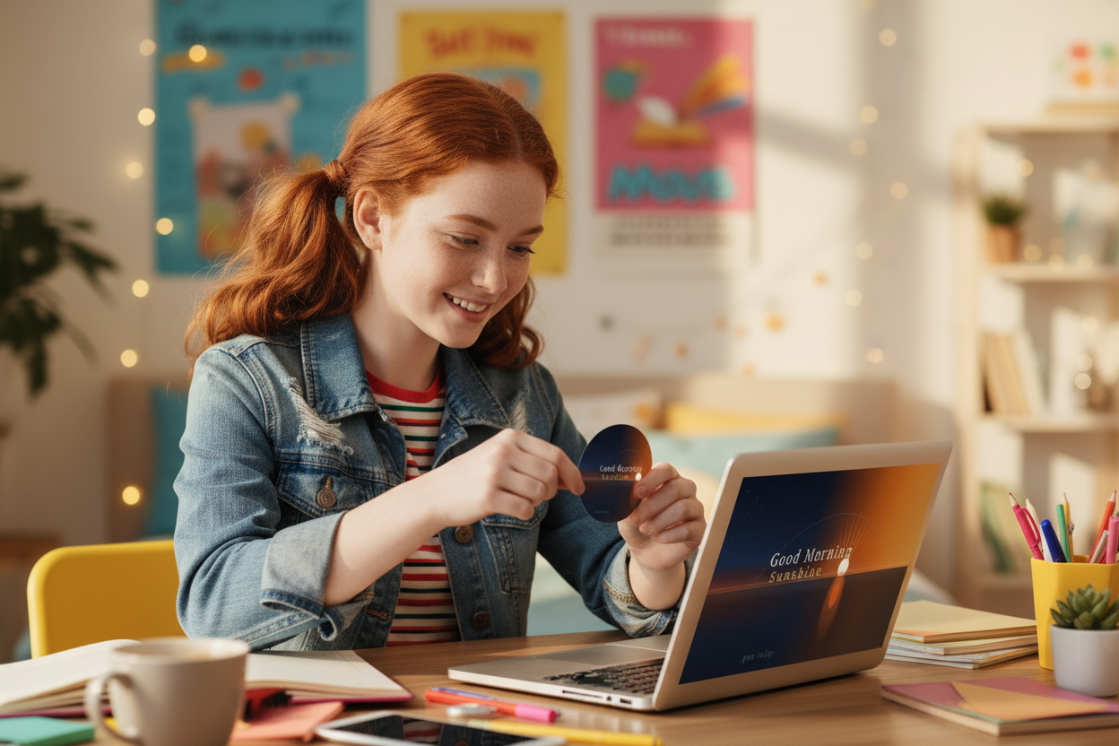 Teen girl with sticker on laptop