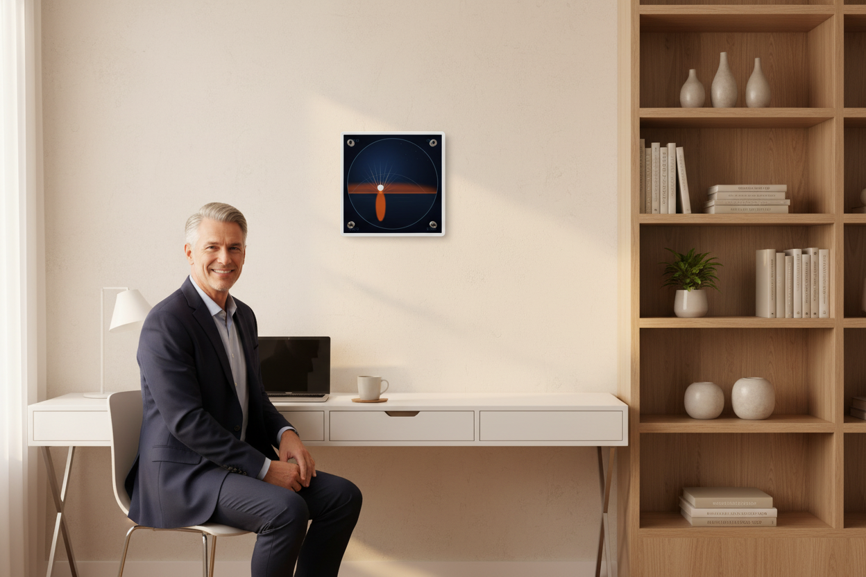 White man admiring acrylic panel in study
