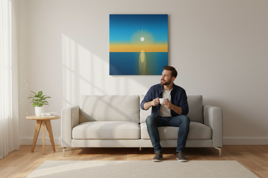 White man looking up at canvas above couch