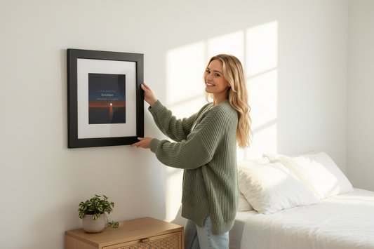 White woman hanging framed poster in bedroom