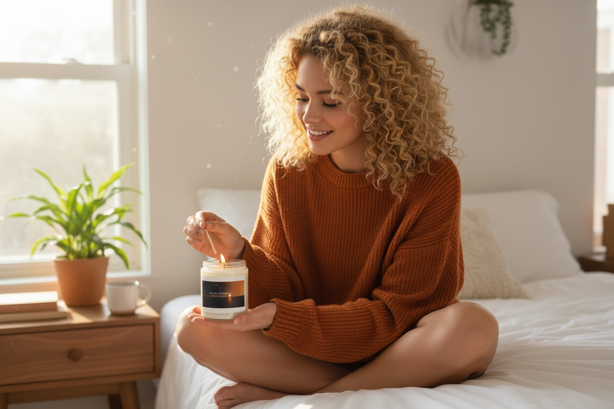 White woman lighting candle on nightstand