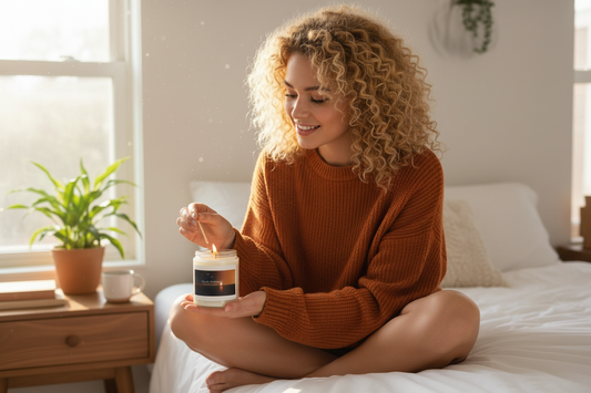 White woman lighting candle on nightstand