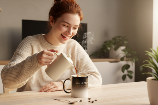 White woman watching color changing mug reveal